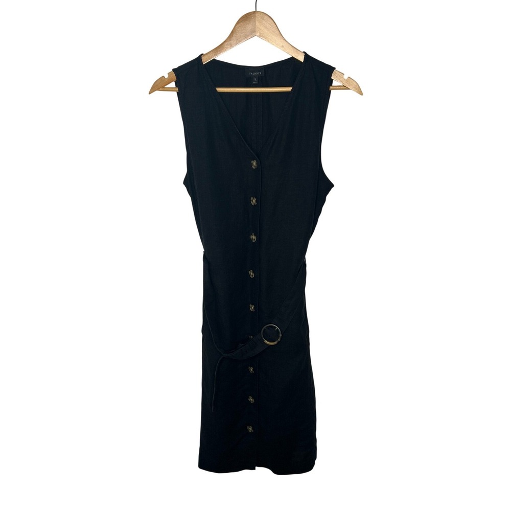 Talbots Black 100% Linen Button Front Sheath Dress 12 Pockets Belt Resort 2025